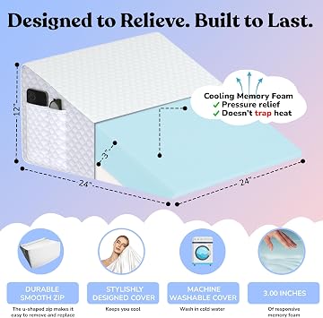 12 Bed Wedge Pillow for GERD, Acid Reflux, Sleep Apnea, Snoring | Cooling 3 memory foam top and cover for side sleepers, post-surgery, back support and leg elevation U-shaped easy-off/on zip