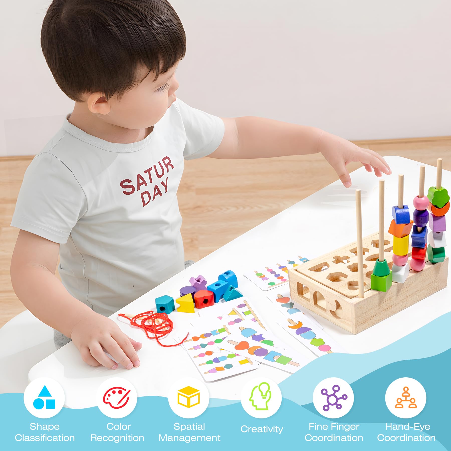 Gioco Montessori 3 In 1 In Legno – Infila Perline, Impila E Crea – Educativo 3-5 Anni - 4
