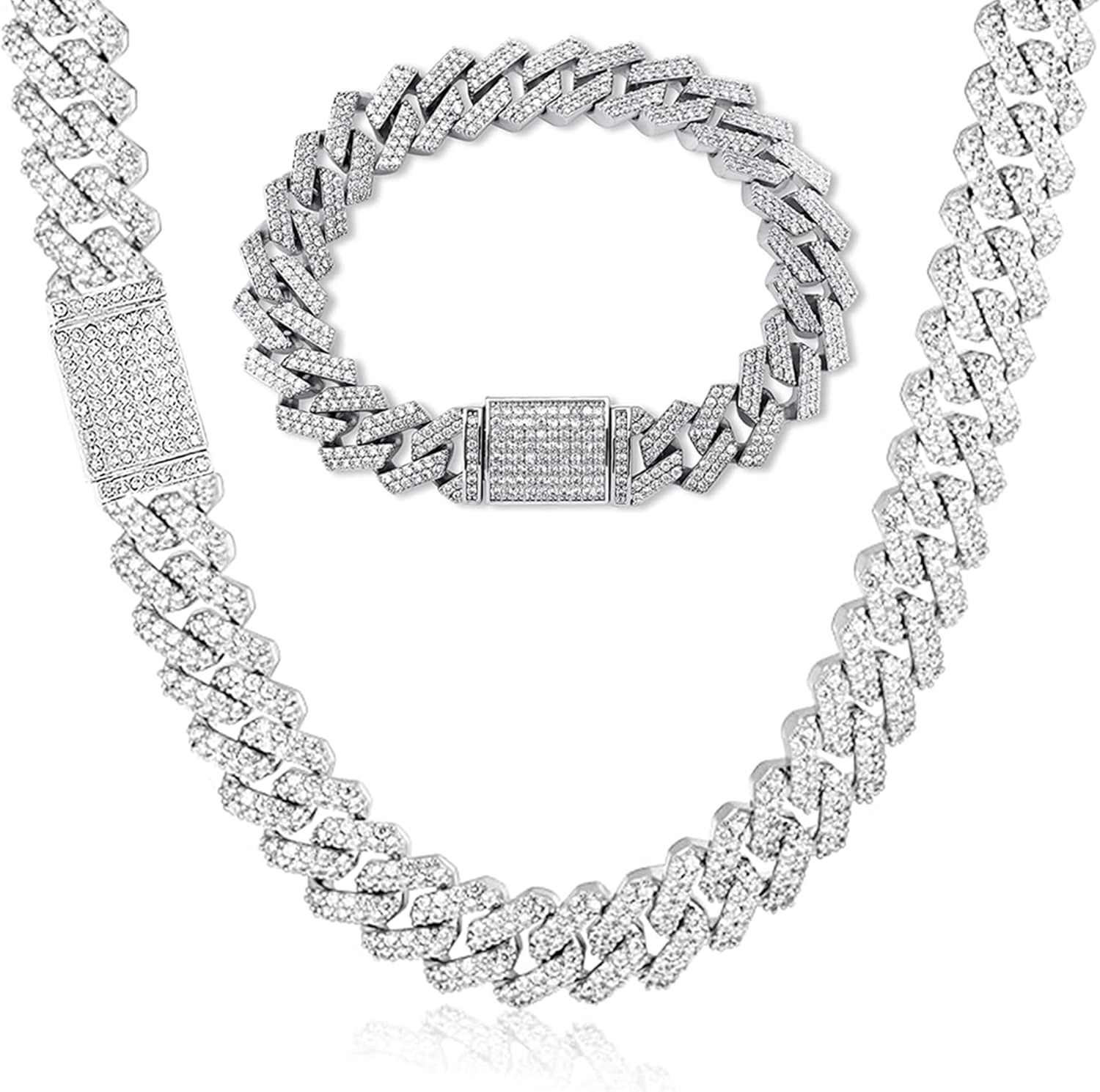 EMESLY Solid Miami Cuban Link Chain Gold/Silver Necklace (16, 18, 20, 22, 24, 30 Inches Length); Hip Hop Bracelet (8" Length) for Men & Women; Perfect Iced Out Bling Jewelry Gift
