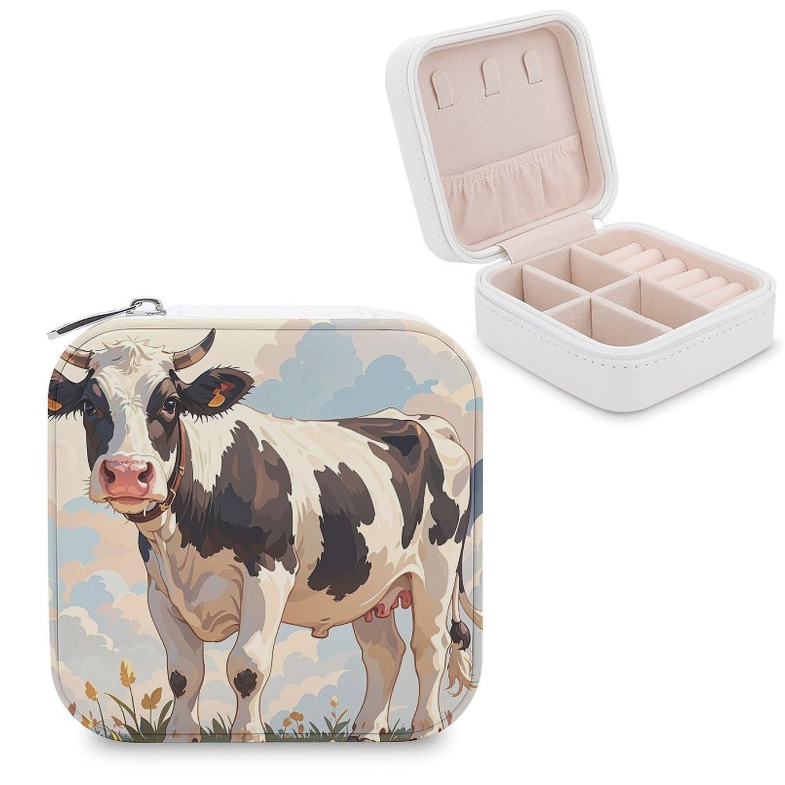 FekiLoot Dairy Cow Jewelry Case Personalized Leather Jewelry Box Mini Travel Jewelry Case Small Portable Jewelry Organizer for Ring Earrings Necklace Bracelet