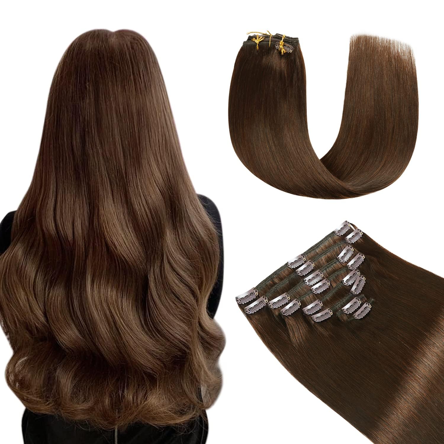 Yilite Hair Extensions Clip in 22 Inch Clip in Hair Extensions Human Hair Remy Natural Silky Straight Double Weft for Full Head #4 Medium Brown 120g 8pcs
