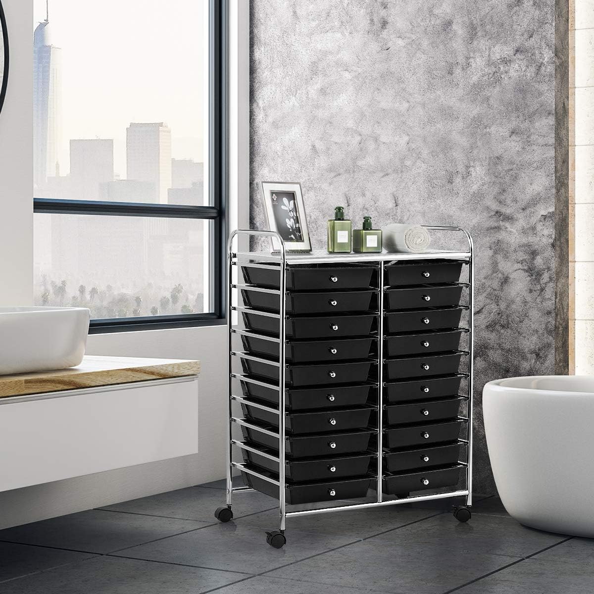 GOFLAME 20-Drawer Rolling Storage Cart, Multifunctional Art Craft Organizer Cart, Mobile Utility Storage Cart with Removable Drawers & Lockable Wheels, Craft Cart for Home Office School, Black
