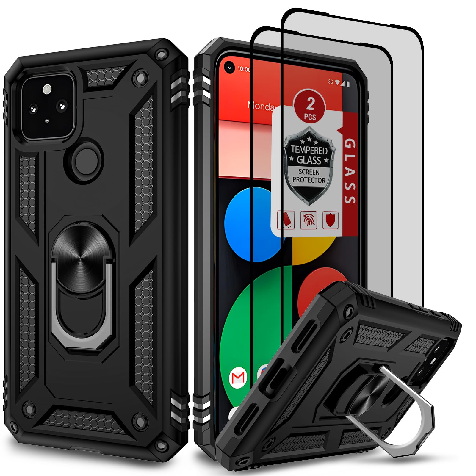 Case for Google Pixel 5, Google Pixel 5 Case with [2X Tempered Glass Screen Protector], Built-in Ring Kickstand Shockproof Defender Armor Dual Layer