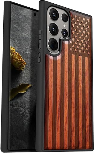 Carveit Funda de madera para Galaxy S24 Ultra 2024 madera natural y TPU suave negro a prueba de golpes, funda de madera única compatible con Samsung