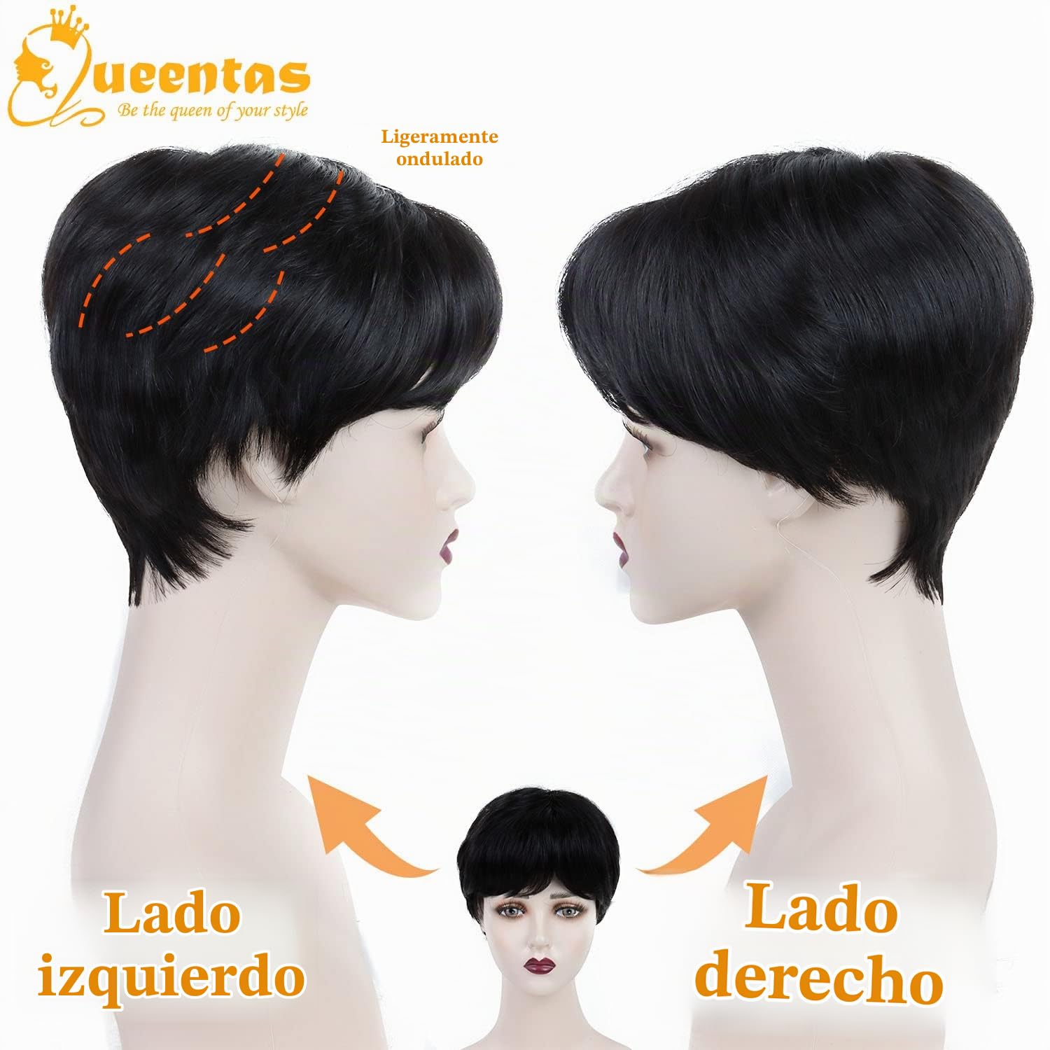 Queentas Peluca corta para mujer, pelucas con corte de duendecillo en capas, pelo sintético, parte lateral, flequillo, peluca para mujer (negro)
