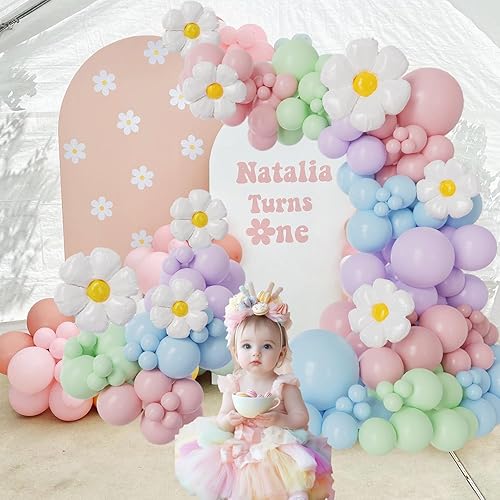 Miniatura 3 de Kit de arco de globos de margarita pastel de 130 piezas, guirnalda de globos de Pascua rosa, morado, verde, azul, decoración floral para cumpleaños