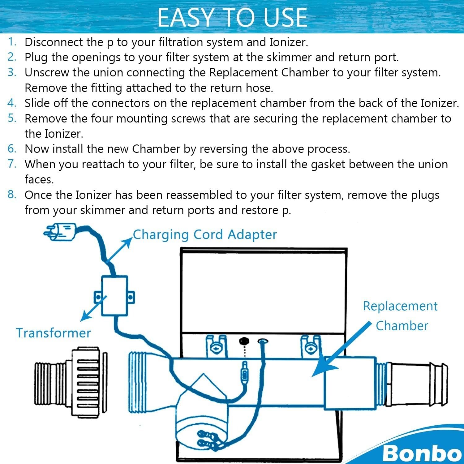 Ionizador para limpiador de piscina, 4CH4002-R, cámara de repuesto para sistema de tratamiento de piscinas híbrido, apto para piscina sobre el suelo/enterrado, bañera de hidromasaje/spa