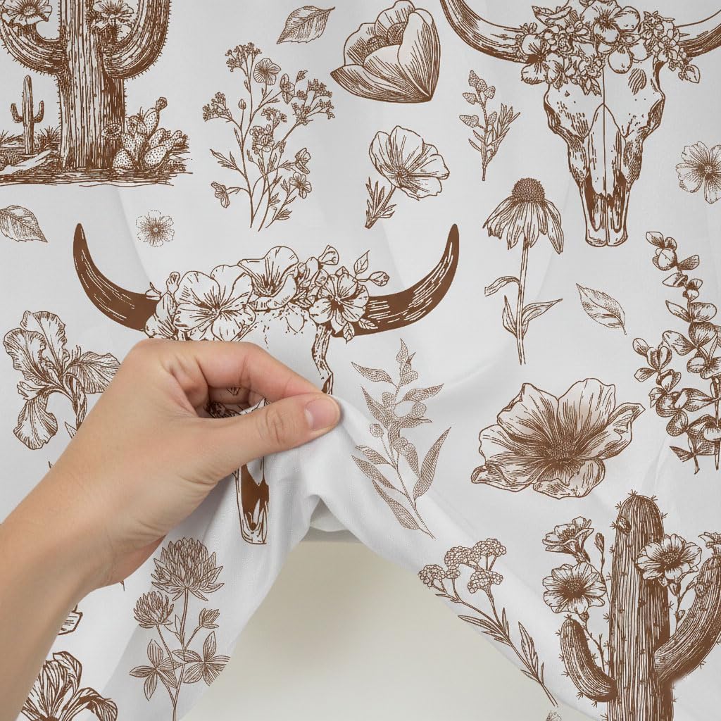 Western Cow Skull Shower Curtain, Brown Rustic Country Farmhouse Tribal Abstract Wildflower Shower Curtains, West Desert Cactus Plant Cow Print Bathroom Curtain Decor with Hooks 72Wx84H