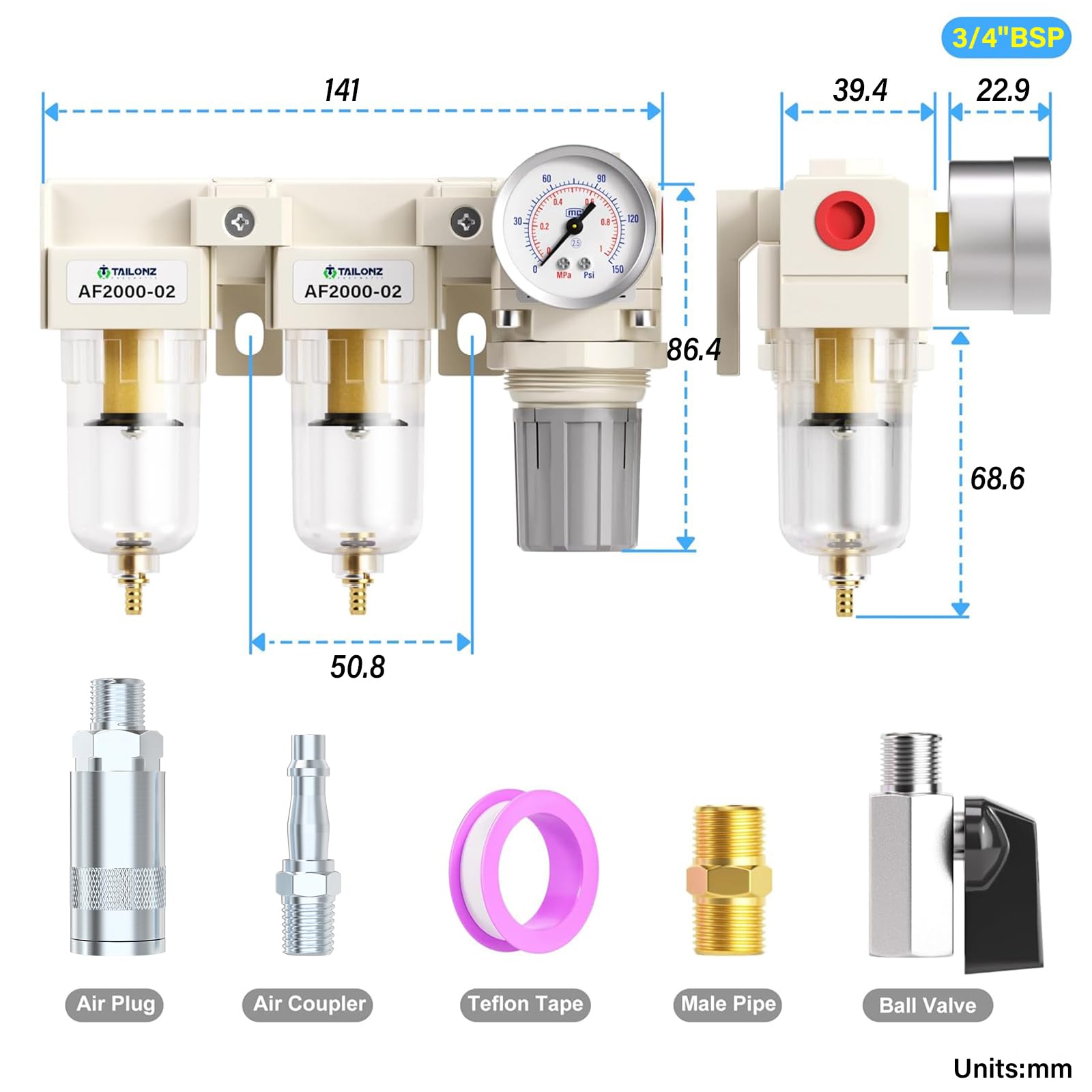 TAILONZ PNEUMATIC 1/4 di pollice BSP 3 in 1 filtro aria regolatore di pressione Combo Piggyback, filtro compressore utensile aria con manometro AF2000+AF2000+AR2000 (britannico)