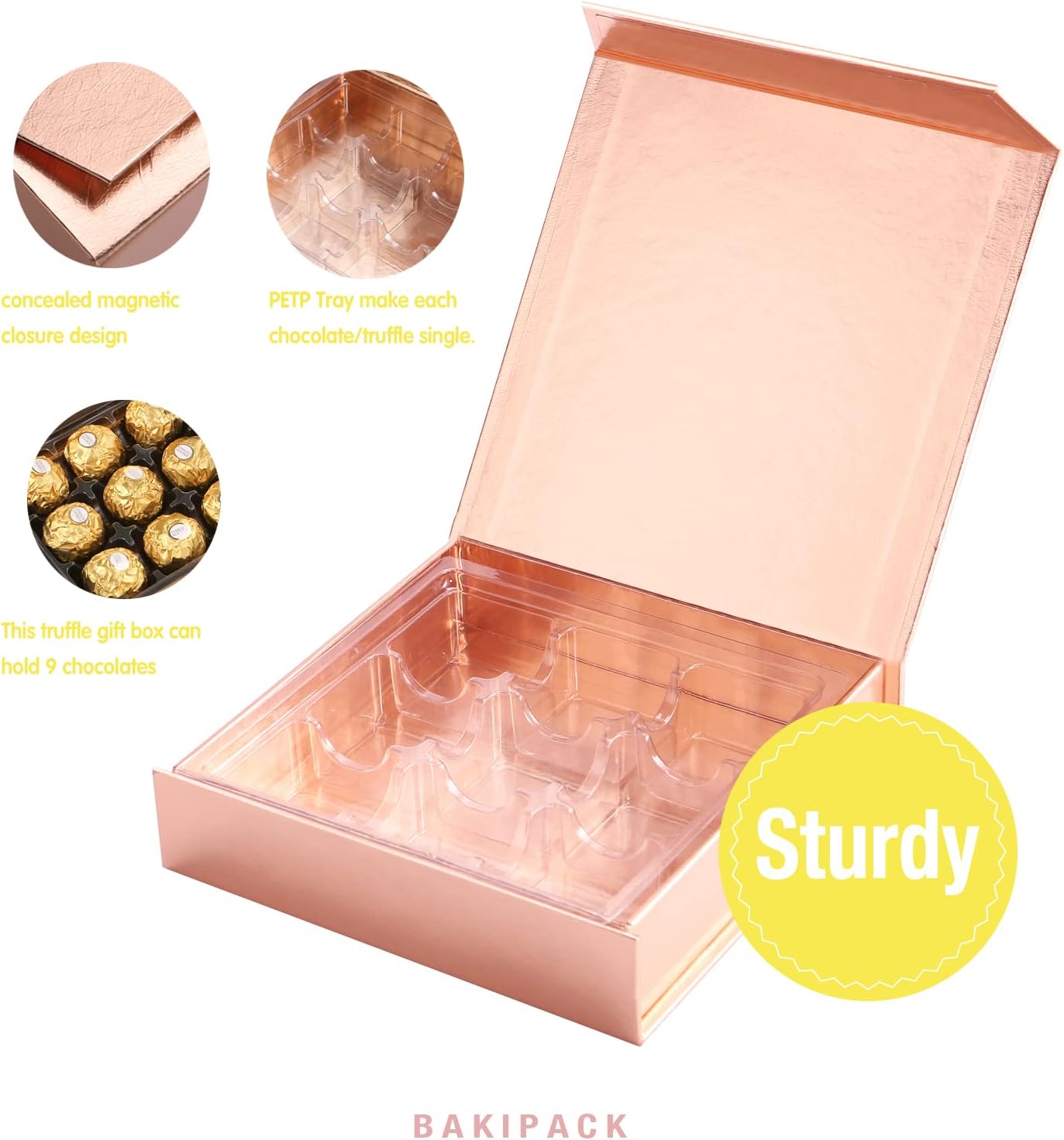 BAKIPACK Rose Gold Truffle Gift Boxes Set of 6 with 9-Piece Plastic Tray, Magnetic Closure, 5.7" x 5.7" x 1.3" for Chocolate, Candy, Formal Events, Special Occasions