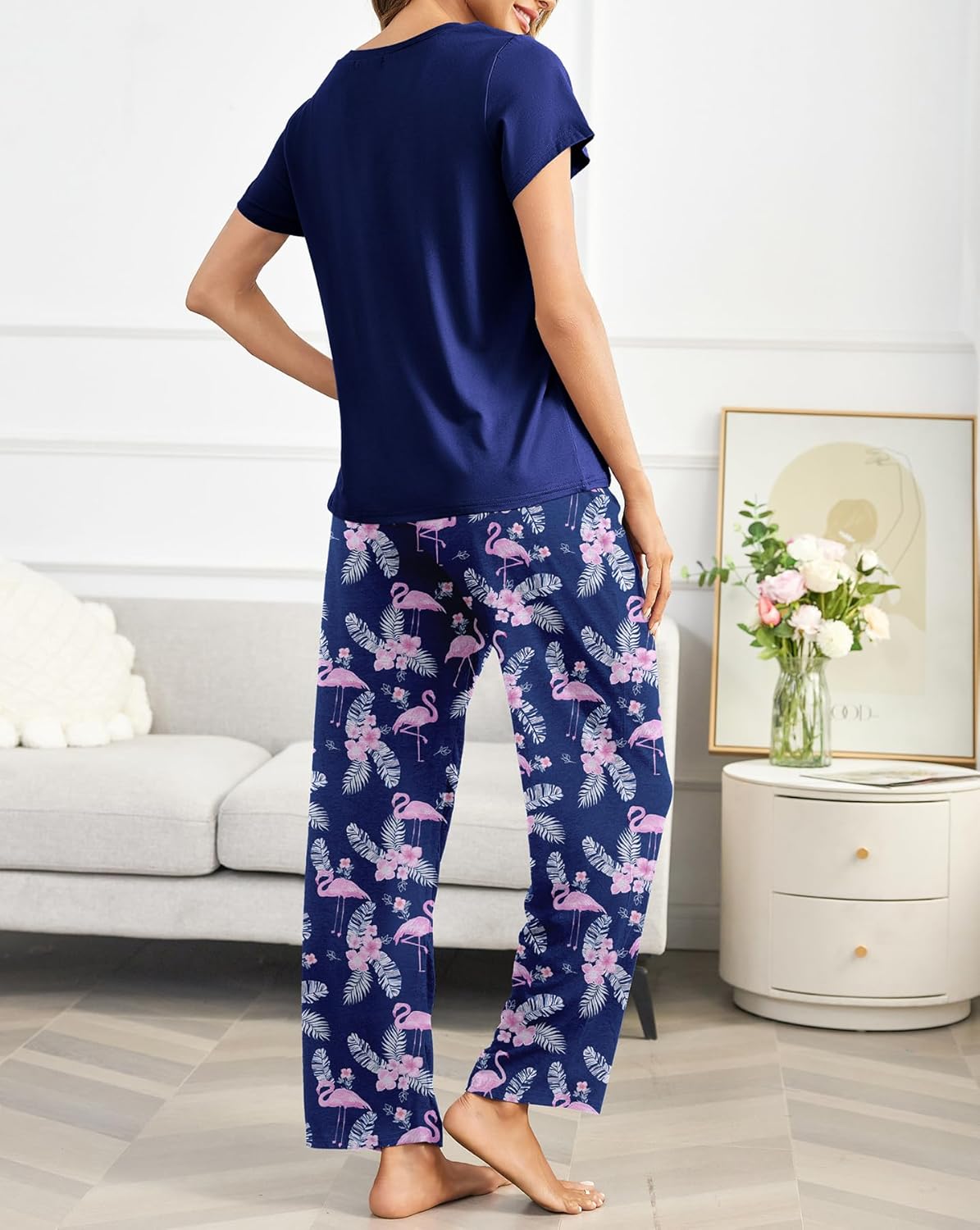 Ekouaer Pajama Sets for Women Round Neck Pjs Short Sleeve Sleepwear with Long Pants Loose Lounge Sets - Image 4