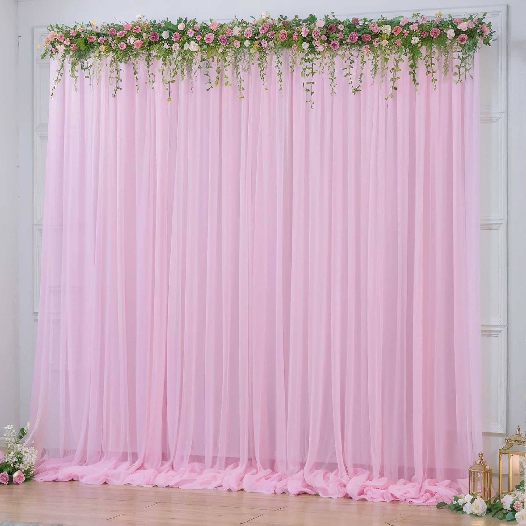 Photo 1 of 10x10ft Baby Pink Tulle Backdrop Curtain for Parites, Sheer Photo Backdrop Drpaes for Wedding Baby Shower Bridal Girl Shower Birthday Party Photo Shoot Background Decorations