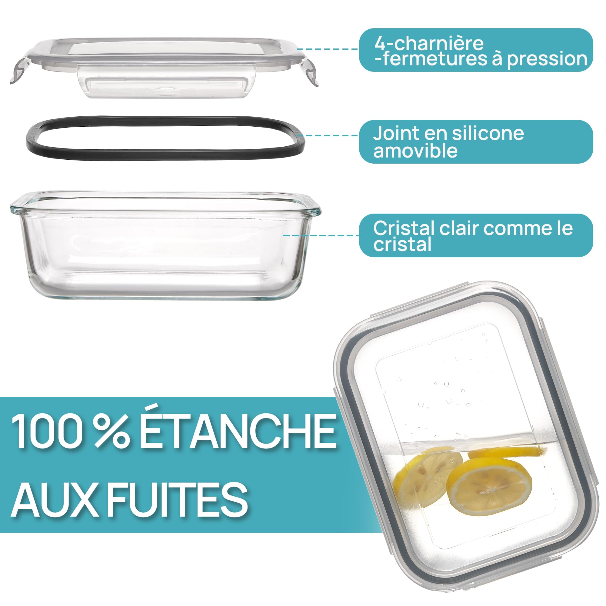 Vtopmart Lot de 5 Lunch Box Verre, 1035ml Boite Alimentaire Verre avec Couvercle, Meal Prep Containers, Hermétique Et Réutilisable, Compatible Four, Micro-Ondes, Congélateur Et Lave-Vaisselle