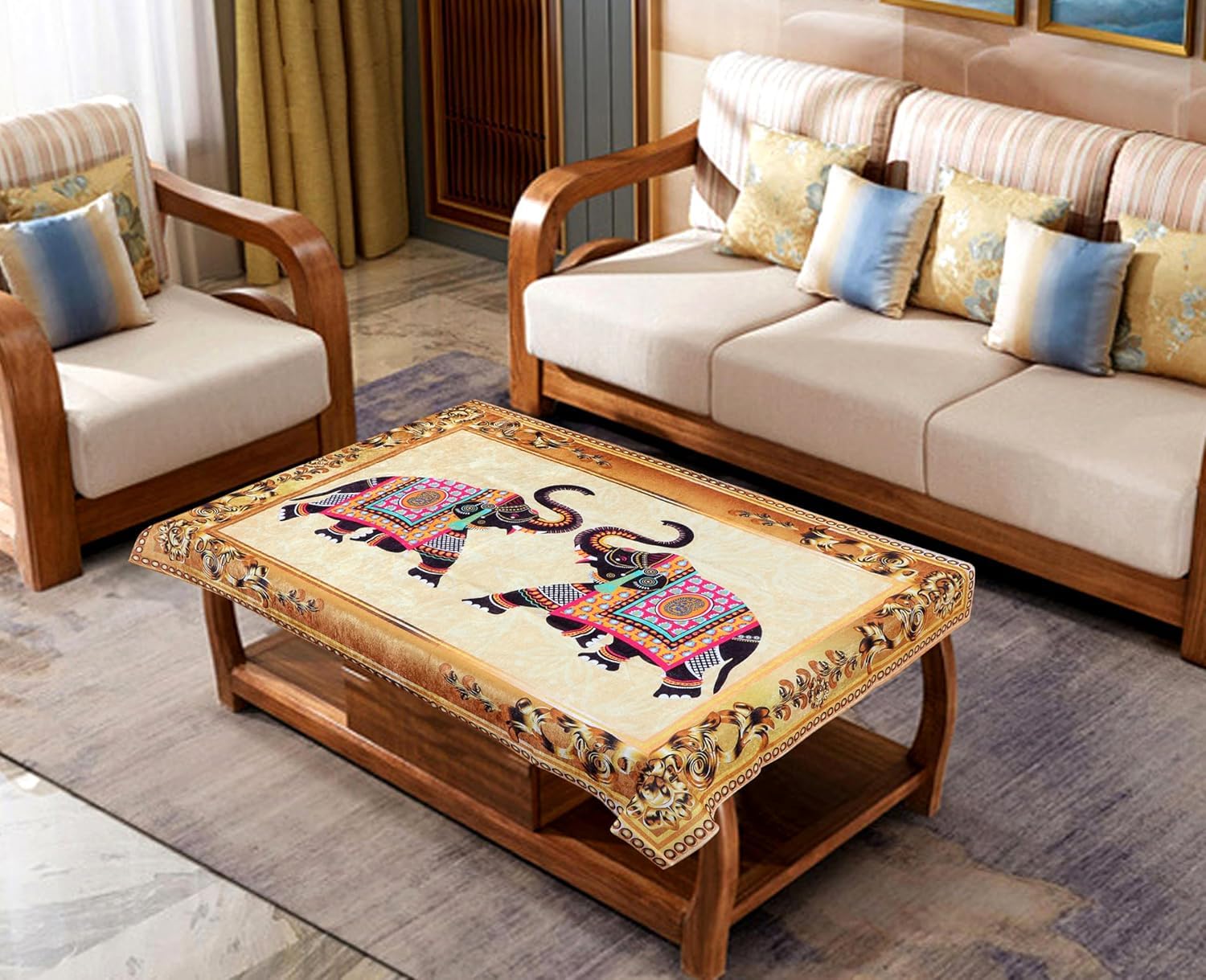 Centre Table Cover Flower Print Dining 4/6 Seater Cover for Parties,Indoor Outdoor Gatherings Velvet Printed Rectangular Table Cover Alternative Centre Table Cloth (36x54)inch (1, Multicolor Elephant)-image-0