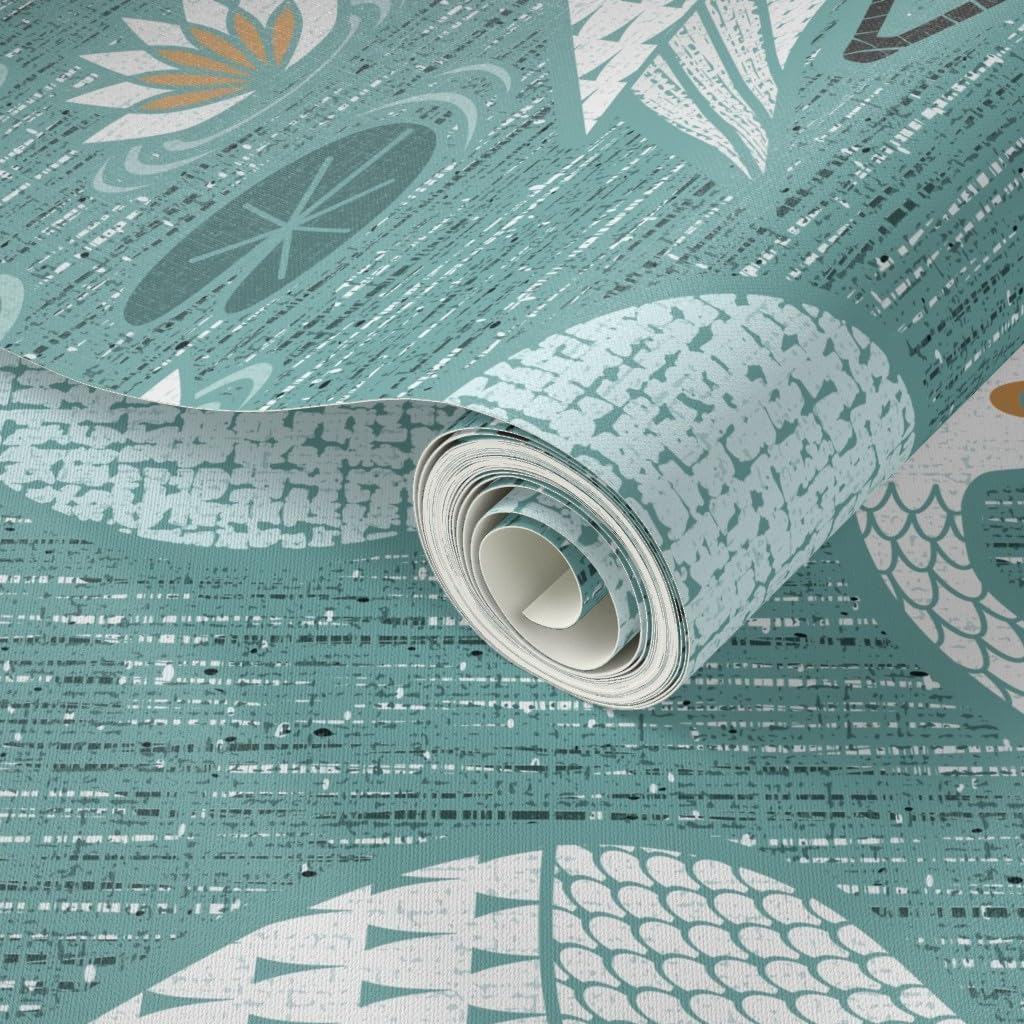Peel & Stick Wallpaper 3ft x 2ft - Water Lily White Egret Teal Aqua Neutral Calm Serene Minimal Weathered Custom Removable Wallpaper by Spoonflower