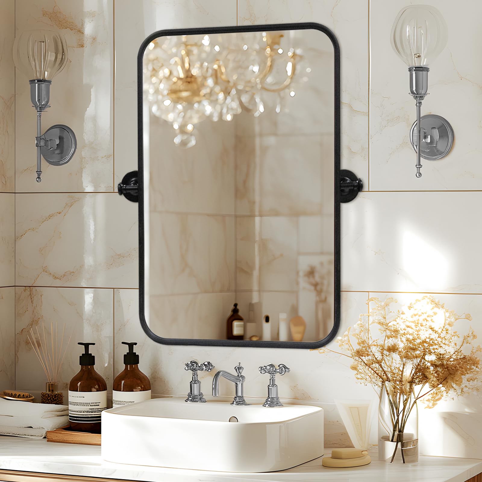 Specchio girevole per bagno, 61 x 91,4 cm, con cornice in metallo nero, specchio rettangolare arrotondato, inclinabile, da appendere solo in verticale