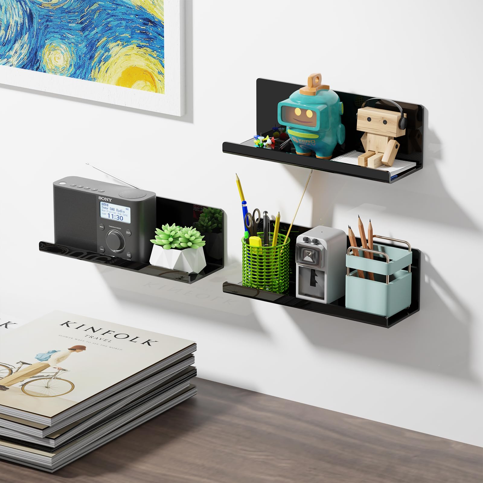 Toski - Wall Shelf No Drilling Acrylic 2 Pack Black 30cm Kitchen Hanging Paste Shelf Hanging Shelf for Book Photo Display Bathroom Wall Shelf