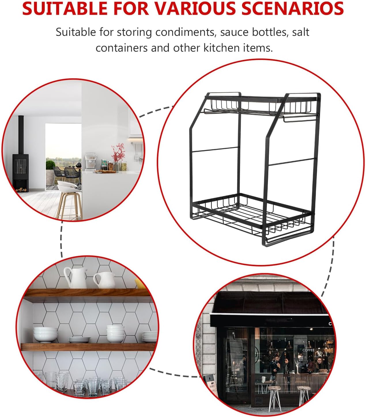 Multi-function Double-layer Kitchen Spice Rack, Black High Carbon Steel Countertop Storage Shelf for Seasoning and Condiments, Removable Desktop Organizer for Home Cooking