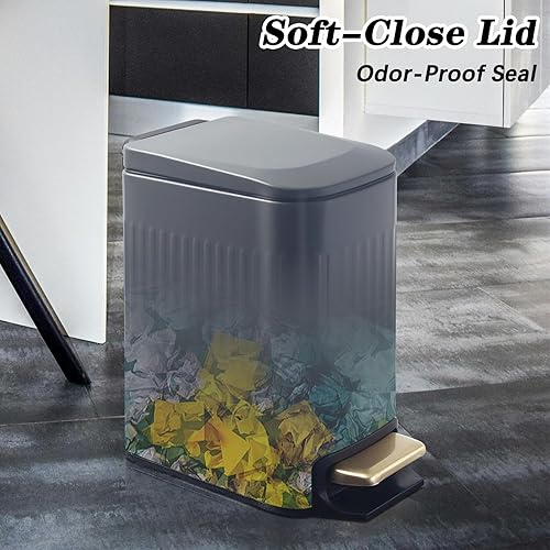 Miniatura 13 de Cubo de basura pequeño y estrecho con tapa para baño, papelera de acero inoxidable de 1.6 galones con tapa de cierre suave, cubo de basura delgado