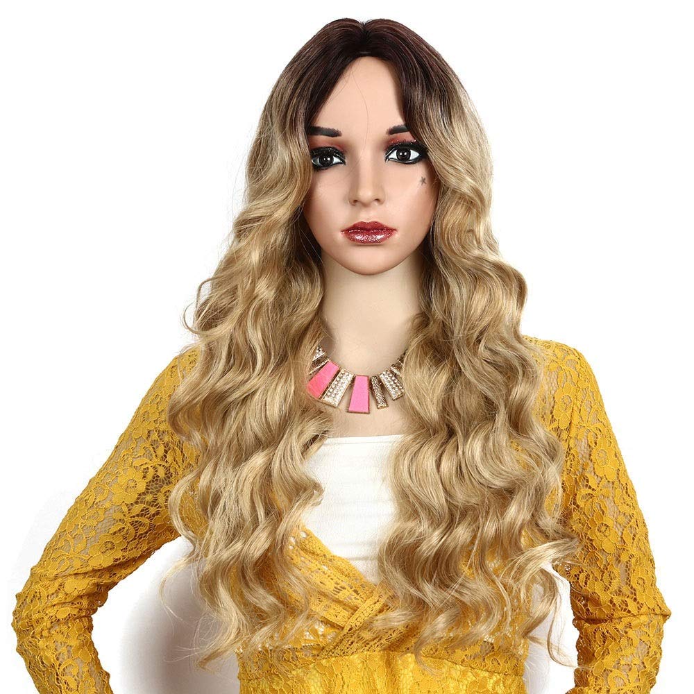 Perruque jaune doré dégradé : volume bouclé naturel et bonnet rose respirant pour femme