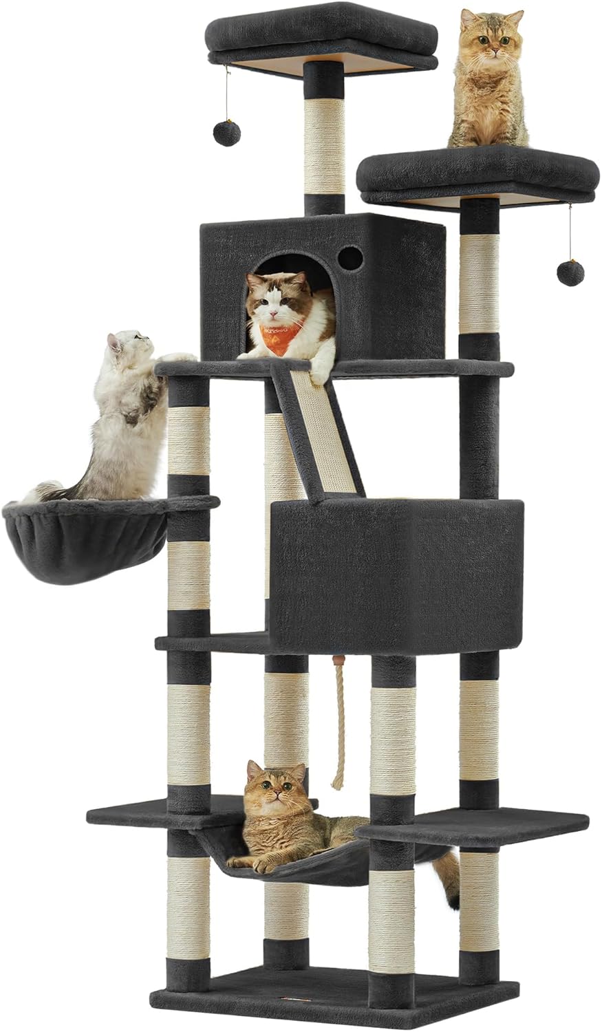 Feandrea Kratzbaum groß, 206 cm hoch, XXL Katzenbaum, mit 13 Kratzsäulen, 2 Plattformen, 2 Höhlen, Korb, Hängematte, Plüschbälle, mehrstöckiger Katzenkratzbaum, tintenschwarz PCT190B01 - Amazon product rated Grade B