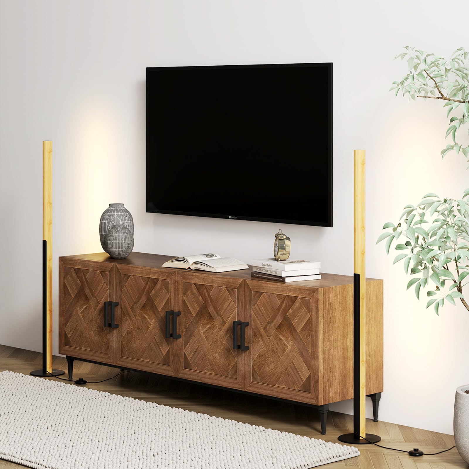COSTWAY 122cm LED Stehlampe Bambus, Standlampe mit Fußschalter & 3 Farbtemperaturen von 3000K-6000K, dimmbare Leselampe minimalistisch für Wohnzimmer, Schlafzimmer & Büro