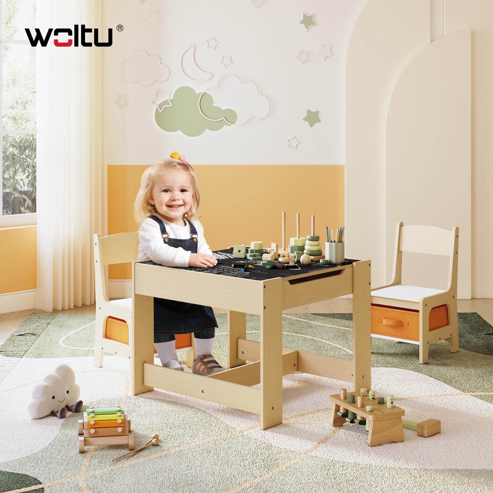 WOLTU Set Mobili con Lavagna Contenitore Tavolo e Sedie per Bambini Soggiorno Tavolino con 2 Sgabelli in Legno