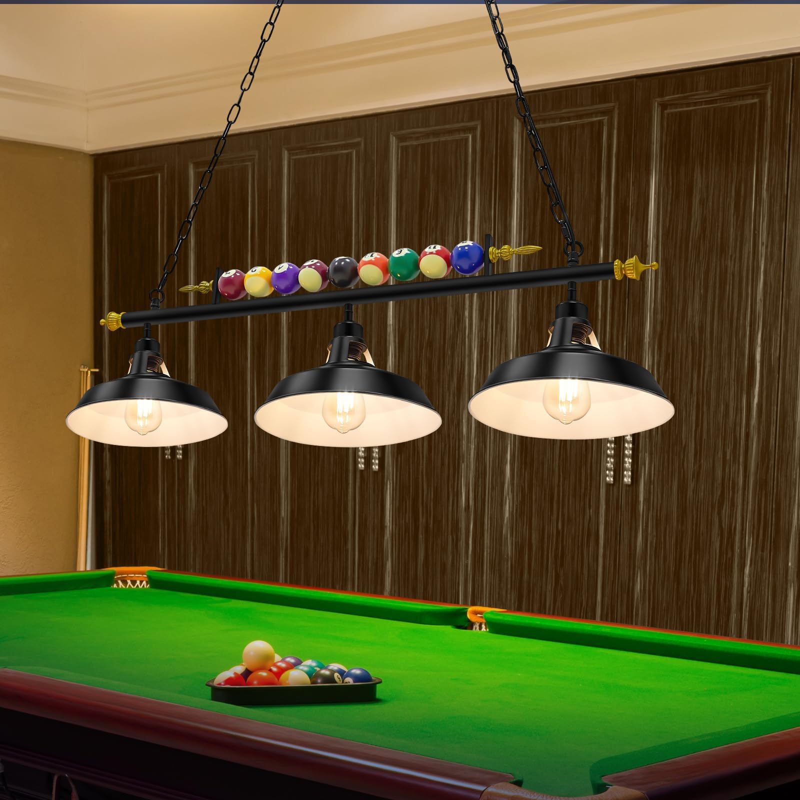 Rossesay Adjustable Pool Table Lights for 7'-8' Billiard Light Hanging Pool Table Fixture Lighting Pendant Lamp with Metal Shades for Game Rooms (Bulb Not Included)(Black,3 Lights)
