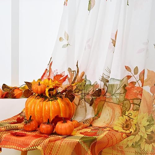 Miniatura 3 de Cortinas traslúcidas de otoño de Acción de Gracias para sala de estar, hojas de arce, calabaza, girasol, cortinas de ventana con bolsillo para