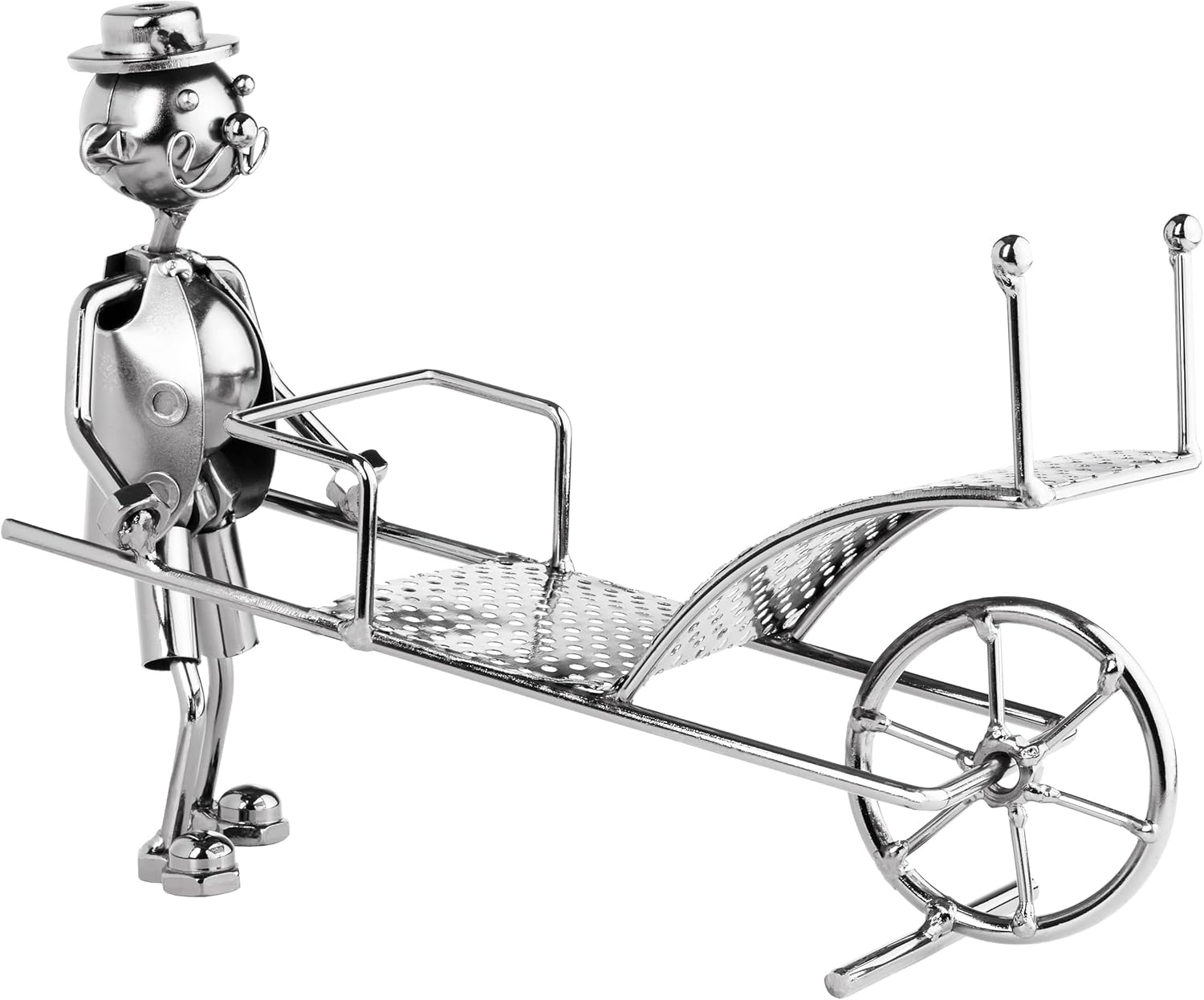 BRUBAKER Wine Bottle Holder 'Man with Wheelbarrow' - Metal Sculpture - Wine Rack Decor - Tabletop - with Greeting Card