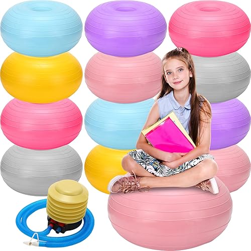 12 piezas de asientos flexibles para aulas, sillas de pelota de yoga elementales, bola inflable de dona de 19.6 pulgadas con bomba para niños,