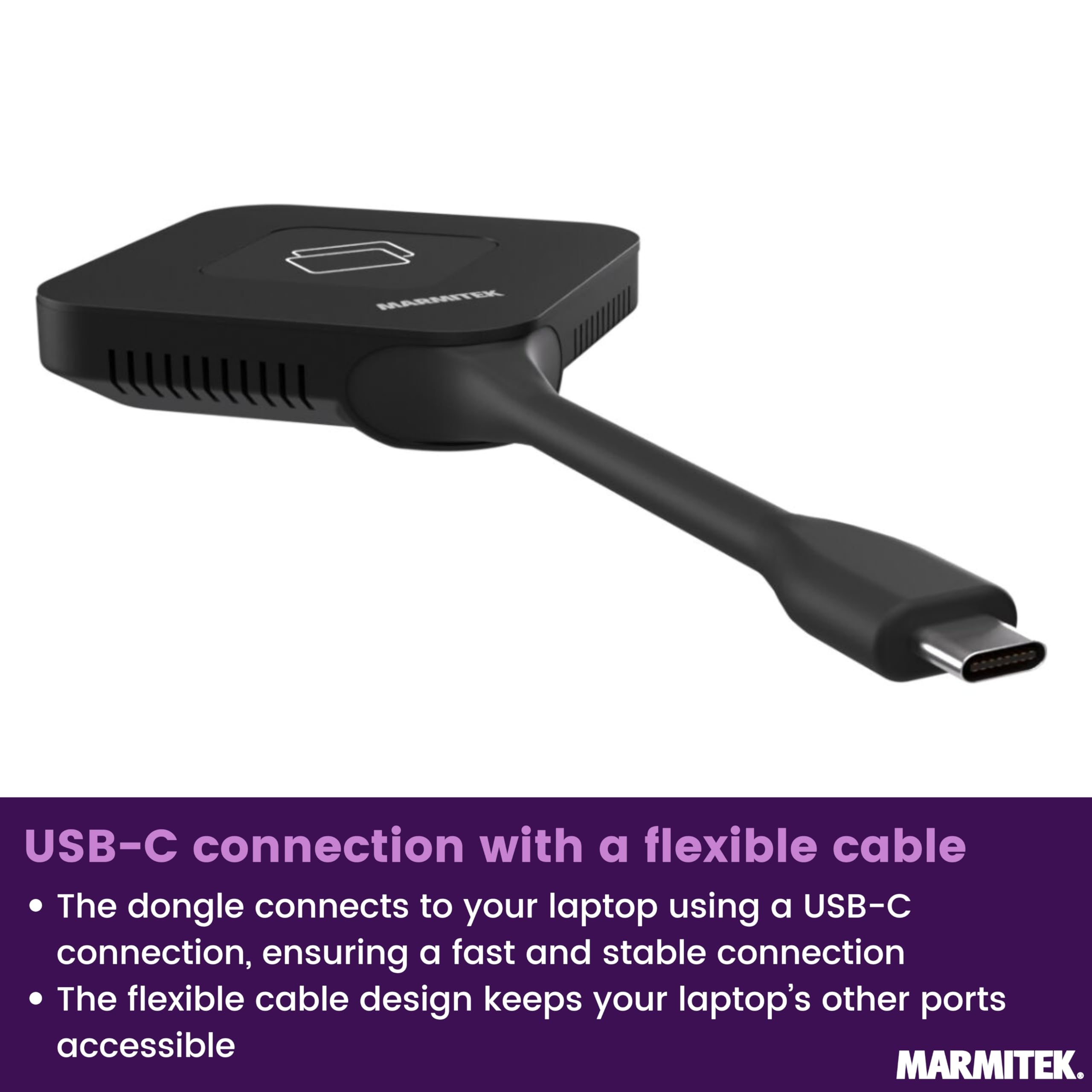 Sistema di presentazione HDMI 4K wireless Marmitek Stream 4K Pro KIT 1TX/1RX - Senza software né Wi-Fi - Dongle USB-C & ricevitore, split screen, touchback, PoE - Doppia HDMI - BYOD mirroring