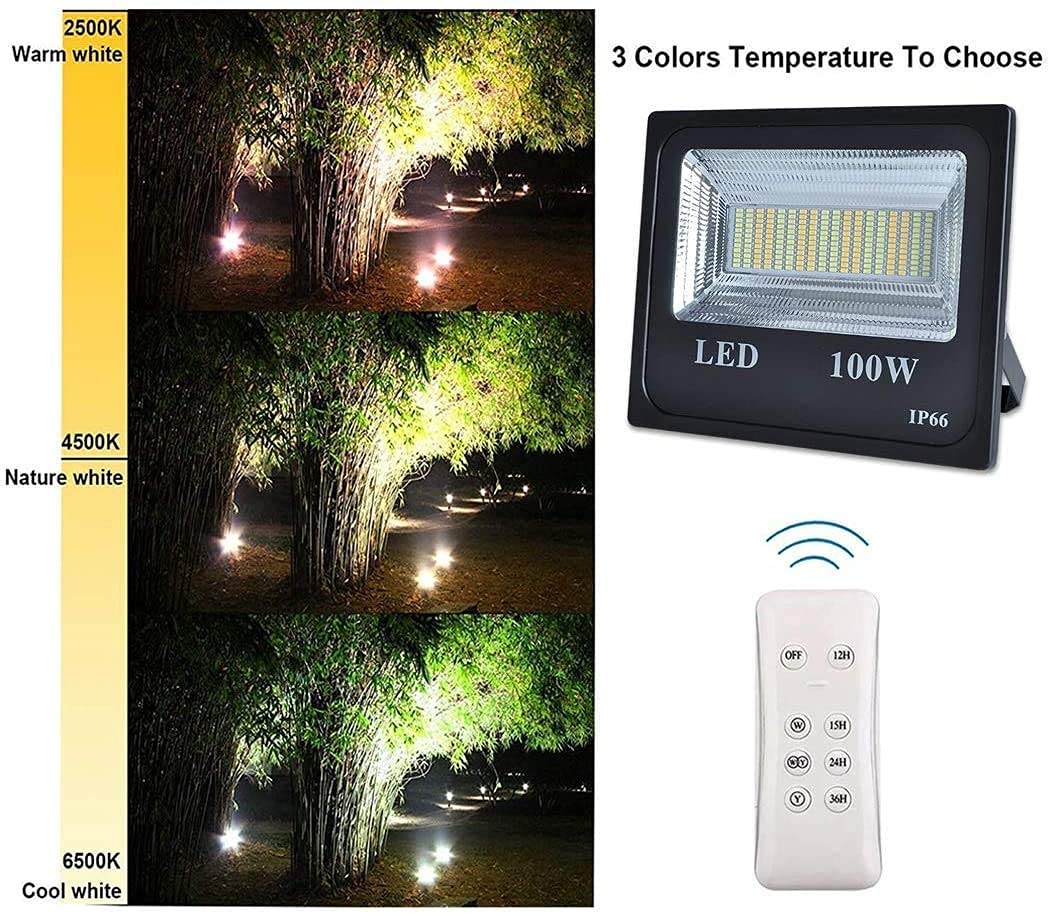 Faretti Solari A LED da 100 W per Esterni, con Accensione Automatica dal Tramonto All'Alba, Telecomando, 3 Temperature di Colore, Impermeabili Ip66, Faretti Solari P