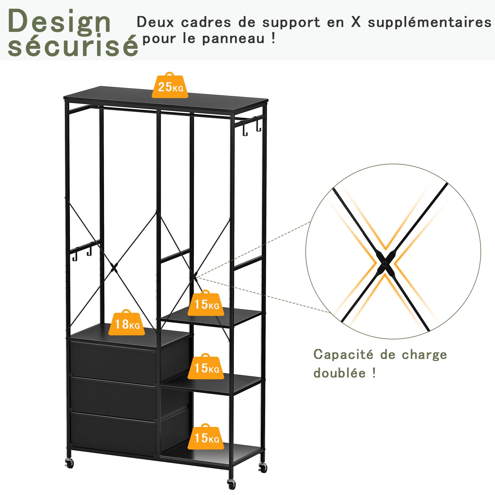 Appendiabiti con Cassetti, Stand Appendiabiti, Armadio Aperto, Guardaroba, Attaccapanni Moderno, Ripiani Regolabili, 4 Ganci, Nero