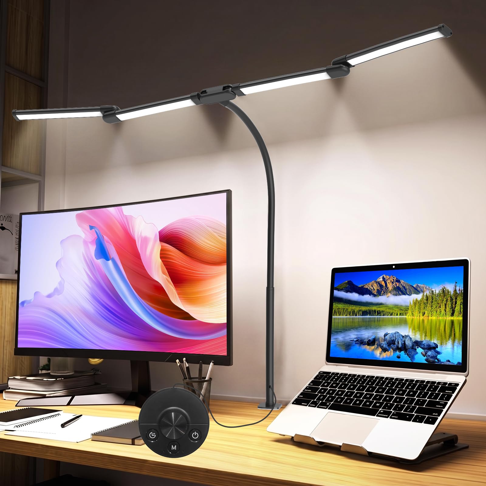Lampe de Bureau LED Dimmable, 118cm 4 Barres Lampe à Pince, 24W 1960LM Lampe Bureau à Col de Cygne, Protection des Yeux, 5 Couleurs & 10 Luminosités Lampe Puissante pour Écran Dessin Couture