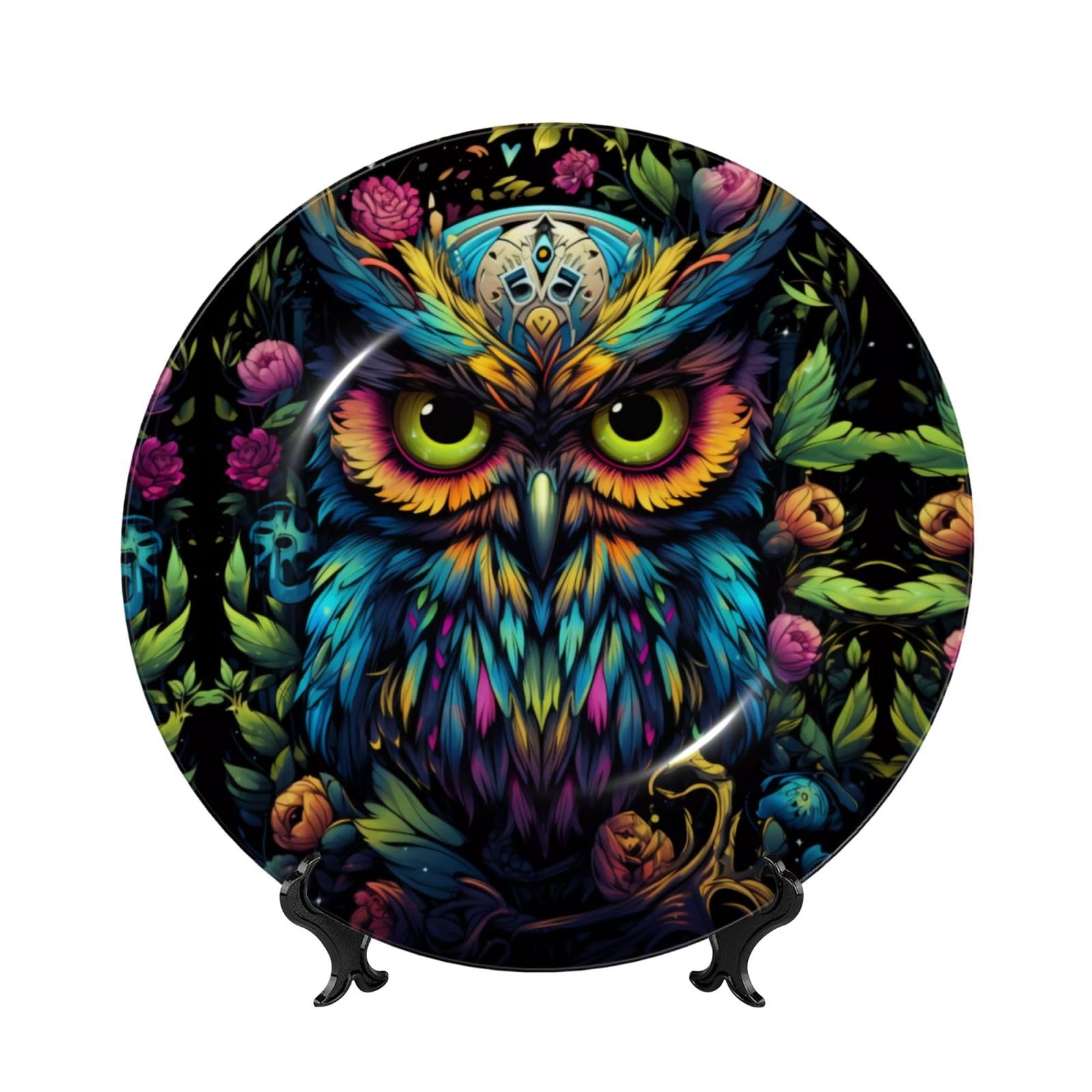 SXZVVBN Owl with colored eyes Bone China Decorative Plate Art with Stand Removable Adhesive Hanging for Home Office 7in