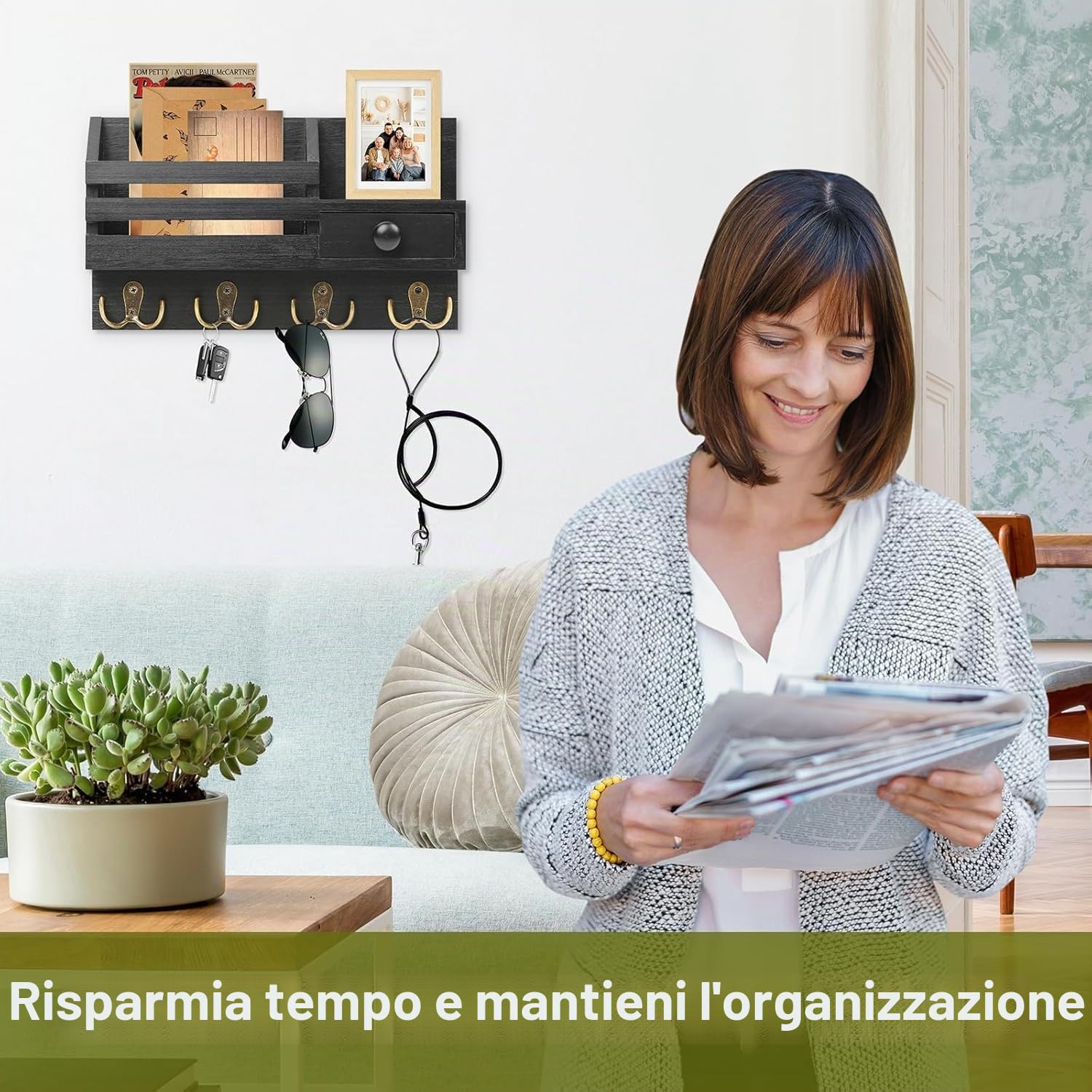 Appendi Chiavi a Muro con Cassetto Portaoggetti, Appendi Chiavi Ingresso con 4 Doppio Ganci, Portachiavi da Parete in Legno, Mensola da Parete per Casa, Ingresso, Ufficio - Nero