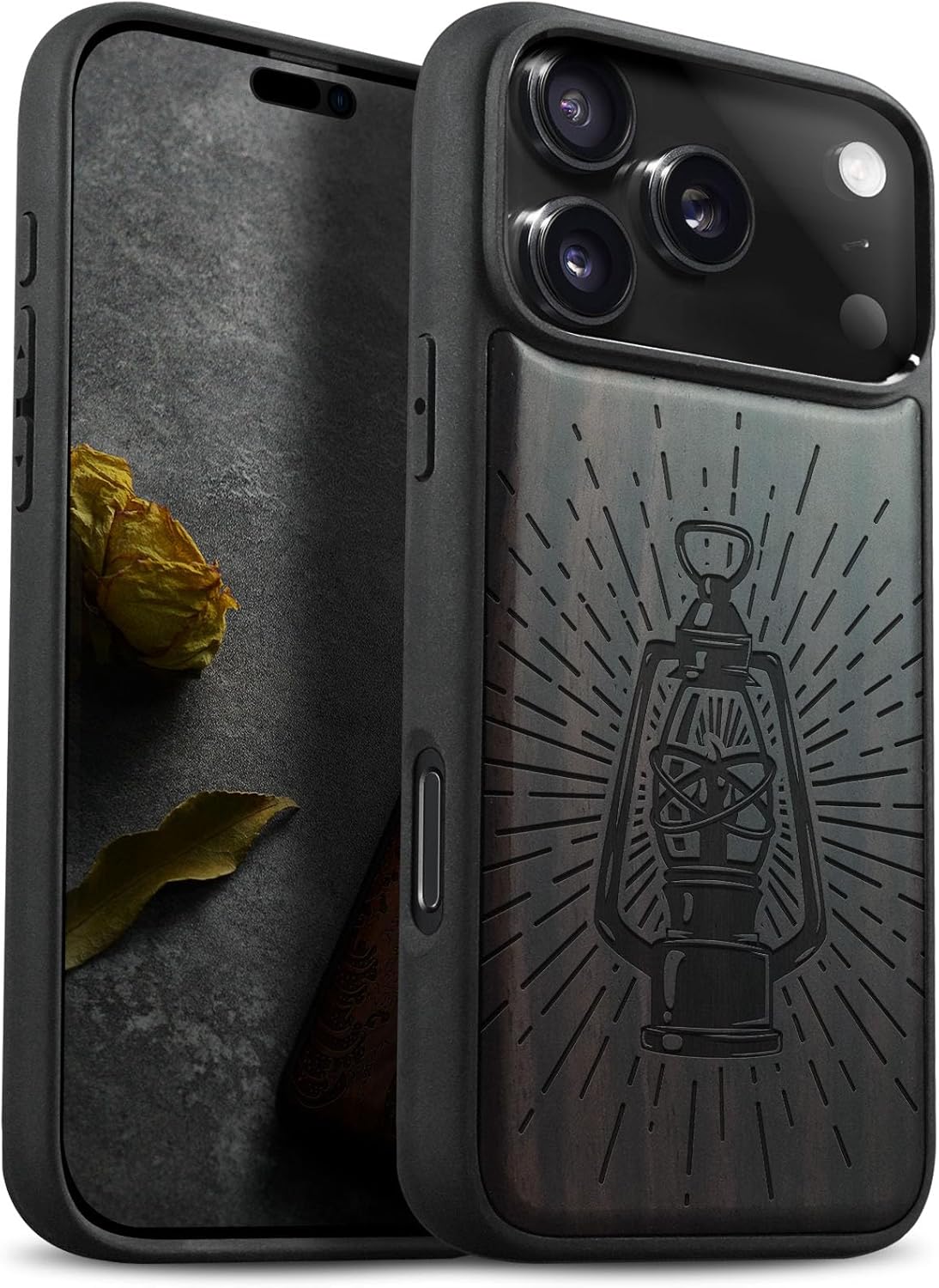 Carveit Magnetic Wooden Case for iPhone 17 Pro Max Case, Wood Artisan Engraved & Black Soft TPU Shockproof Cover, Compatible with MagSafe Wireless Chargers (Vintage Motorcycle Chaos) Blackwood