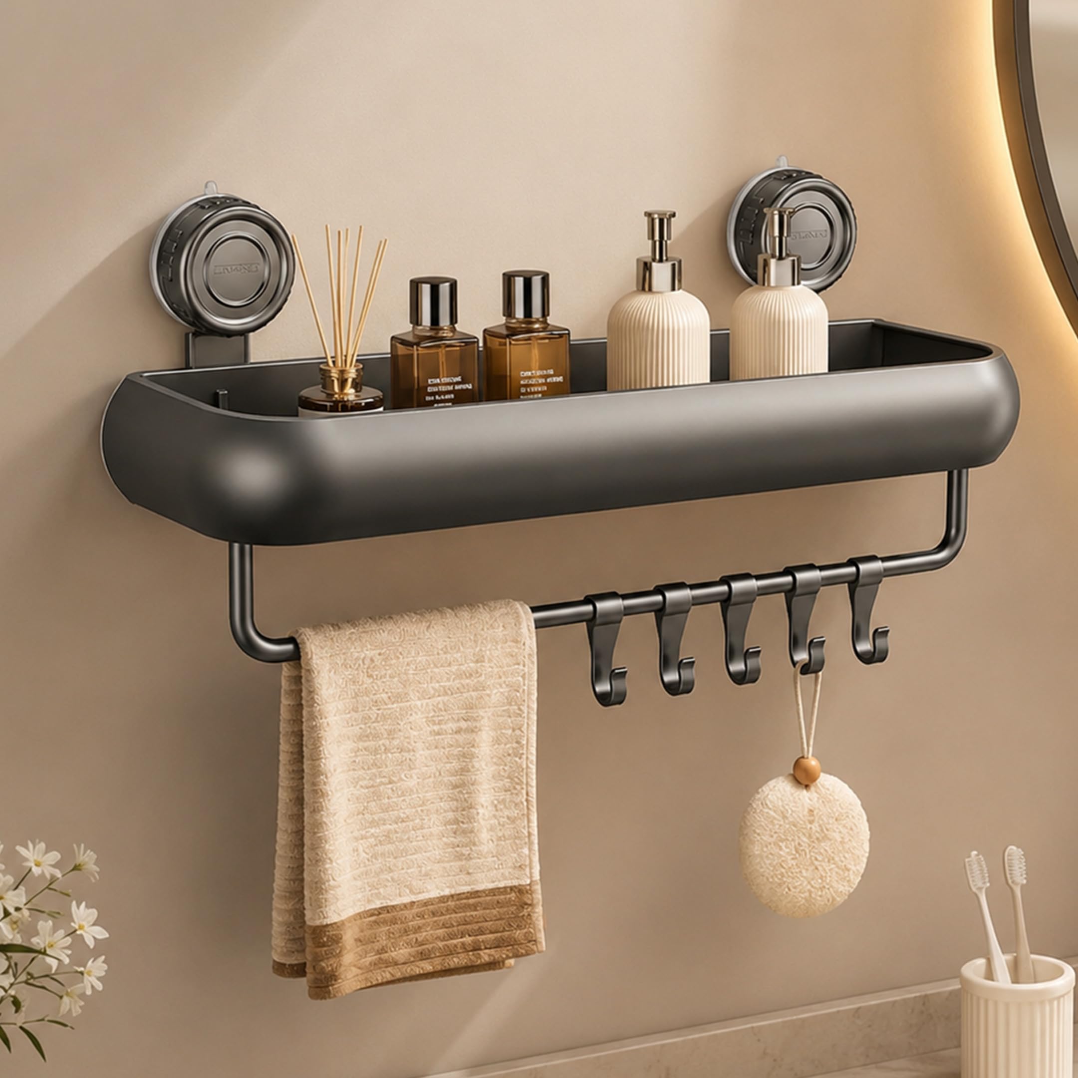 HomeEssentials Strong Suction Cup Wall-Mounted Storage Rack with Hooks & Hanging Rod | Drill-Free Bathroom Organizer | Waterproof, Removable Storage Shelf for Toiletries, Towels & Cleaning Accessories-image-5