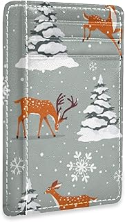 Christmas Orange Reindeers White Trees Snowflakes on Grey Slim Minimalist Wallet, Front Pocket RFID Blocking Leather Credit Card Holder, Case Protector Covers for Men Women