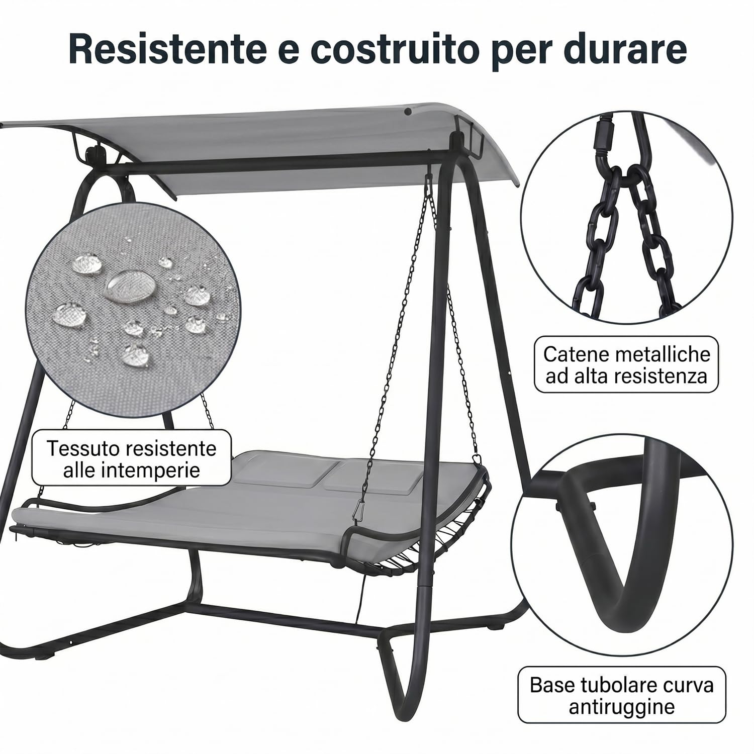Marvin Dondolo Amaca Letto 2 Posti da Giardino con Tetto Parasole Struttura in Acciaio Seduta Imbottita in Textilene per Terrazzo Patio e Piscina (GRIGIO/GRIGIO)