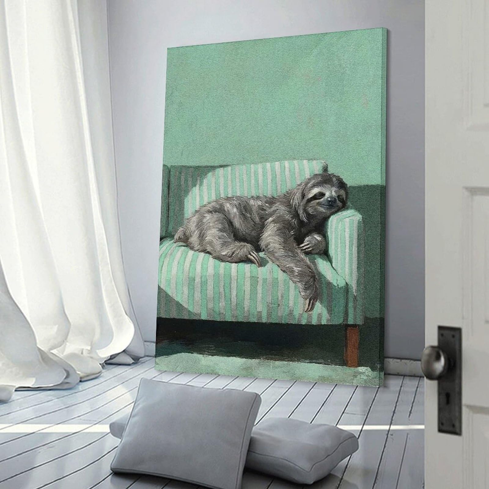 Junmoney Sloth Resting on Striped Couch Hanging Wall Art 24x36inch(60x90cm), for Lounge, Bedroom Or Personal Spaces, Home Decor Gift with Stylish Appeal
