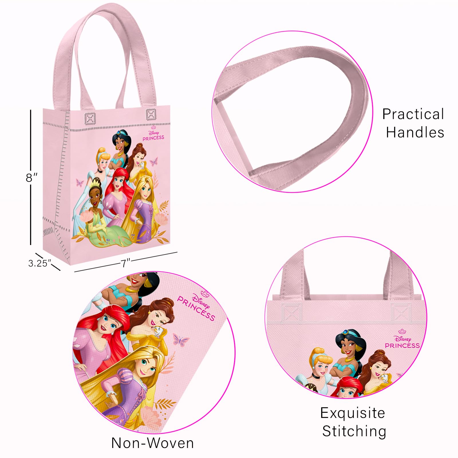Disney Princess Party Favor Bag Set – 24 Pack of 8" Disney Princess Party Goodie Bags for Kids Bulk Reusable Totes | Princess Birthday Party Supplies