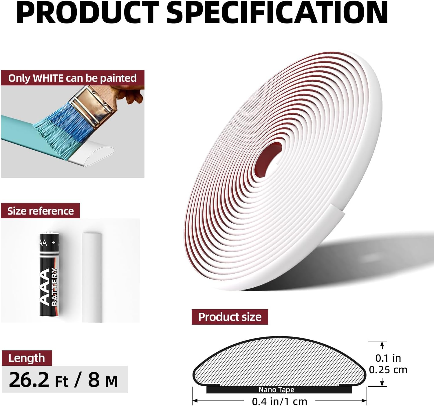 26.2 Ft Peel and Stick Wall Molding Trim, D-Shape Flexible Molding Trim White(Paintable) for Backsplash, Mirror, Wall, Window & Door Frames, Waterproof Self Adhesive Trim(W:0.4", T:0.1")
