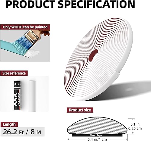 Miniatura 4 de Moldura para despegar y pegar, moldura flexible y autoadhesiva blanca en forma de D, 26.2 pies, impermeable, para paredes, bordes y bordes, marcos