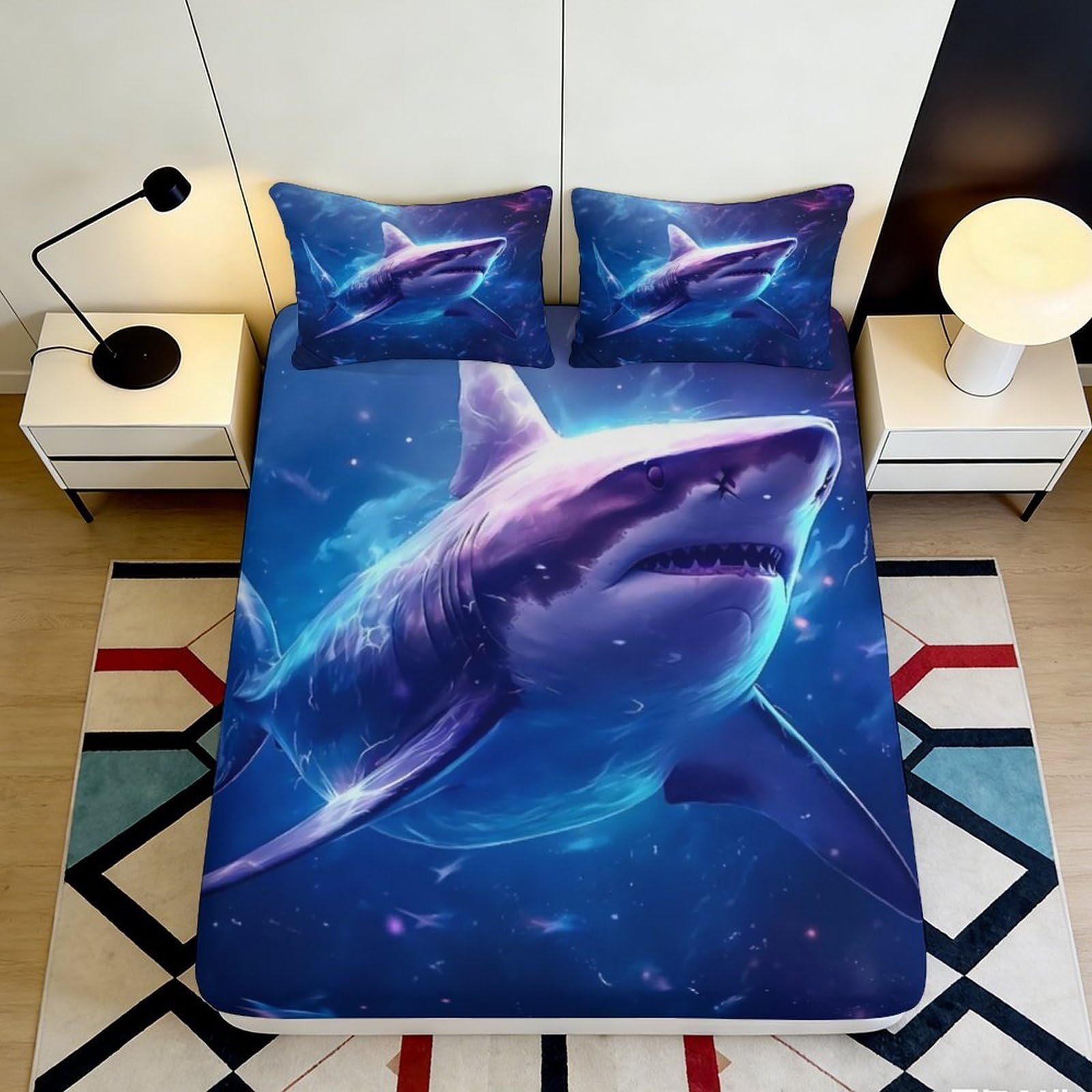3D Printed Shark Pattern Fitted Sheet Microfiber Soft Durable Ocean Design Bed Cover for Bedroom Dormitory Guest Room Mattress Protection 200x200x25cm