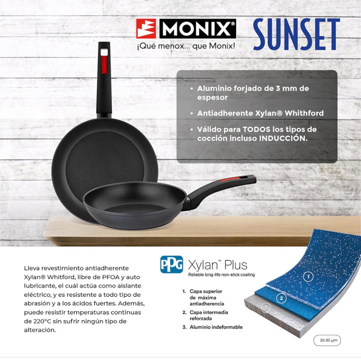 MONIX Sunset | Set 2 sartenes 22-26 cm, aluminio forjado, antiadherente, mango baquelita, apta para todo tipo de cocinas, incluido inducción
