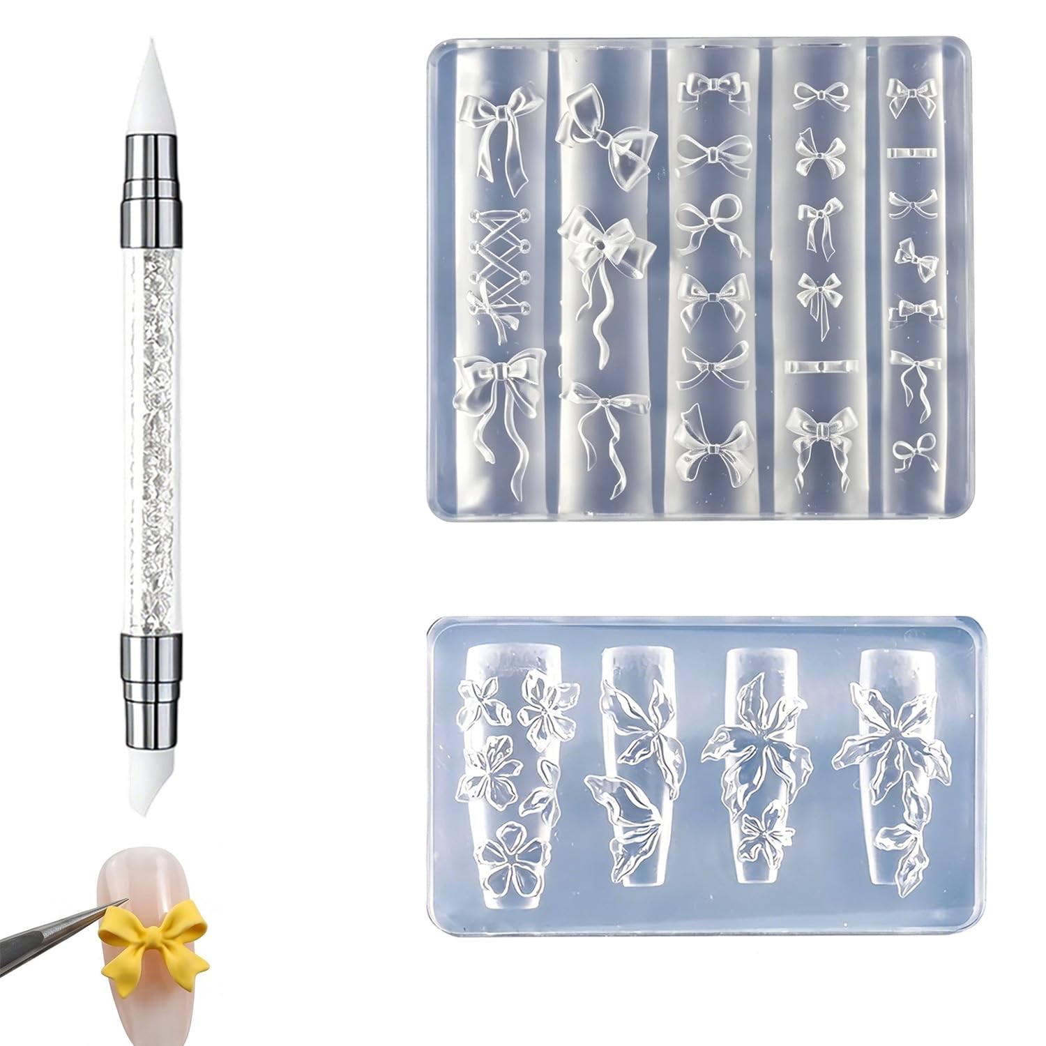 2 Pezzi Stampi per Unghie in Silicone 3D con Penna, Formine per Decorazioni Nail Art a Forma di Fiori e Fiocchi, Stampo Trasparente per Manicure Fai da Te, Accessori Professionali per Unghie