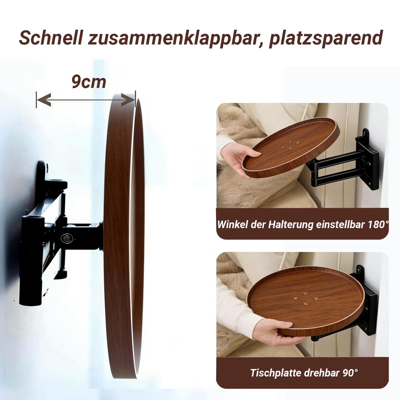 Rund Klapptisch Wand Holz Kleine Wandtisch Ausziehbar Klapptisch Platzsparend Schwebender Nachttisch für Schlafzimmer, Wohnzimmer (Bräunliche)