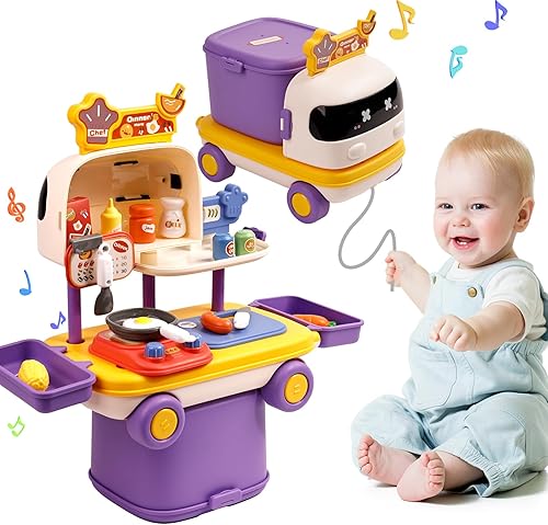 Miniatura 7 de Juego de cocina 2 en 1 camión de juguete para niños pequeños de 1 a 3, accesorios de cocina de simulación, juego de herramientas de cocina